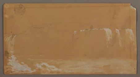 Tekening, American Falls, Goat Island en een deel van de Horseshoe Falls, gezien vanaf de Canadese oever van de Niagara River, mogelijk 1858