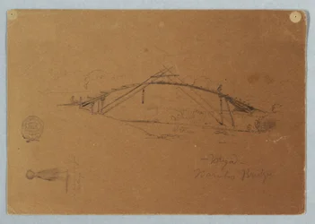 Tekening, Bamboe Brug bij Buga, Colombia en Meisje Draagt een Kruik, Cartago, Colombia, juli 1853