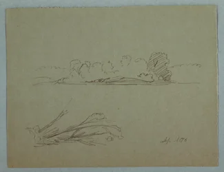 Tekening, Botanische schetsen: landschap, bomen aan een oever, september 1876