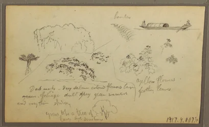 Tekening, Kerk, torens; Verso: Figuren in kano, Botanische schetsen, 1857
