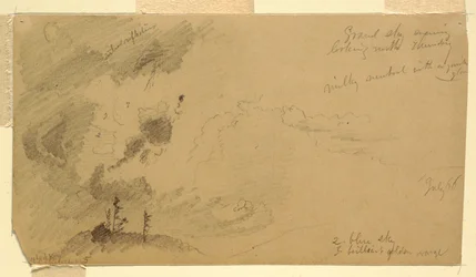 Tekening, bewolkte avondlucht boven een heuvelrug, juli 1866