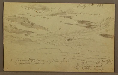 Tekening, bewolkte lucht boven vallei, juli 1863