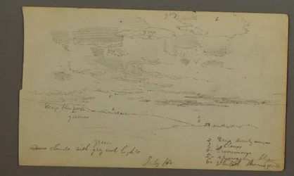 Tekening, bewolkte lucht boven heuvelruggen (Maine), 1860