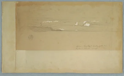 Tekening, Bewolkte lucht boven heuvelachtig en bebost gebied, mogelijk 1857