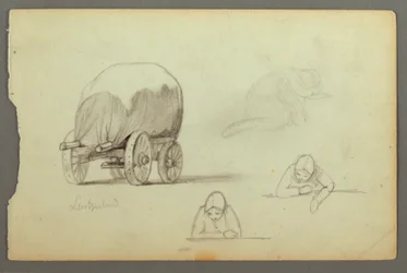Tekening, Huifkar, Drie studies van een vrouw, mogelijk 1868