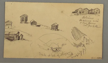 Tekening, Details van bergschuren, huizen en een rots, Berner Alpen, Zwitserland, 3 september 1868