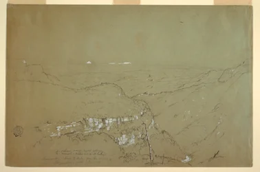Tekening, Ver uitzicht op de vulkanen Tolima en Ruiz vanuit de omgeving van de Tequendama watervallen, Colombia, juni 1853