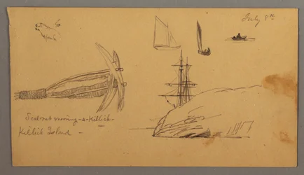 Tekening, Hond, zeilbootstudies, anker, kliffen, mogelijk 8 juli 1859