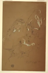 Tekening, Gevallen rots gevangen op puin, El Yemen, 2 maart 1868