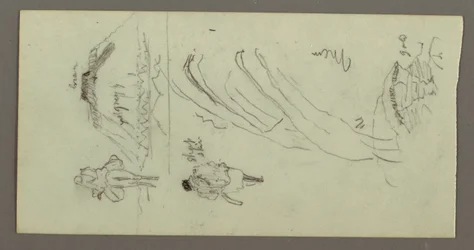 Tekening, Figuur rijdend op kameel, Figuur alking, Hilside, en Hilltop, mogelijk 1868
