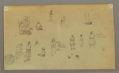 Tekening, Figuurstudies, pakezel, zeilboot, mogelijk 1868