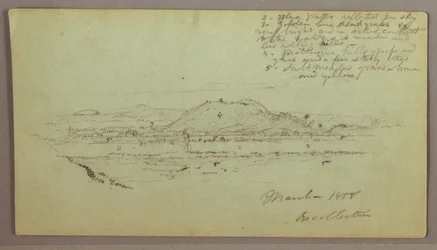 Tekening, Heuvels, Rivier, maart 1858