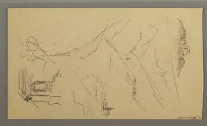 Tekening, Huis, Brug, Kasteel, Daken, augustus 1868