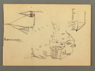 Tekening, Huis boven klif, torens, mogelijk 1868