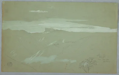 Tekening, Jamaicaanse kust en lucht gezien van bij Captain Kent, Bellevue, Jamaica, juli 1865
