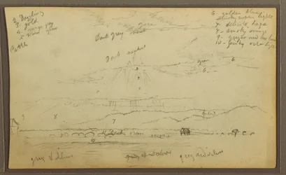 Tekening, Landschap; Verso: Huizen, Kano, 1857