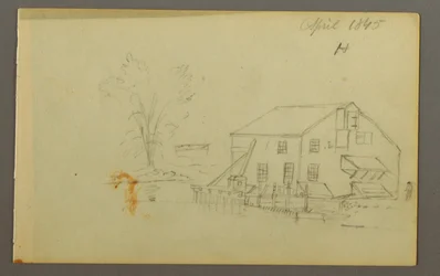 Tekening, Loftgebouw met werf naast een beek, 1845