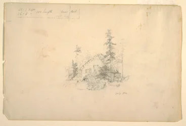 Tekening, blokhut omringd door bomen, juli 1844