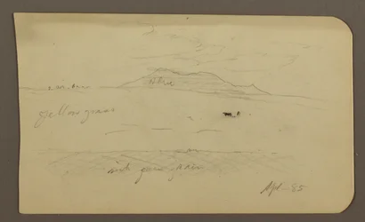 Tekening, Berglandschap; Verso: Kerk met koepel, april 1885