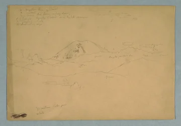 Tekening, bergtop, mogelijk Chimborazo, oprijzend over drie opeenvolgende bergketens, Ecuador, 1857