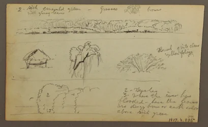 Tekening, Mountain Ranges "entering Guayaquil"; Verso: River Bank, Botanical Sketches, mogelijk 1857