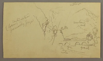 Tekening, Bergdal, Brug, Gebouwen, mogelijk 1868-69