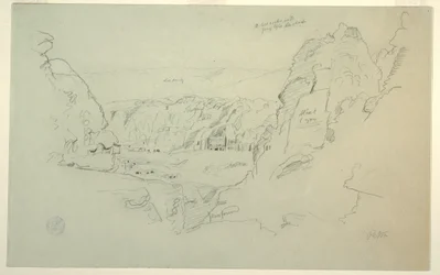 Tekening, Petra, Jordanië vanuit het westen, met het paleis en de Korinthische graftombes, 26 februari 1868