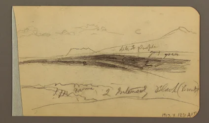 Tekening, vlakte, heuvel, stad; Verso: bergketen, 1889