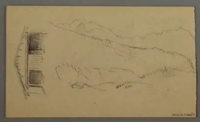 Tekening, daken, poort, bergtoppen, augustus 1868