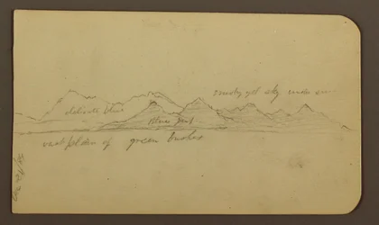 Tekening, Ruige berg over een vlakte; Verso: figuren, landschap, 12 december 1884