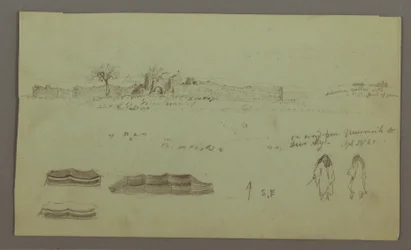 Tekening, Ruïnes omgeven door muren, tenten, twee figuurstudies, 28 april 1868