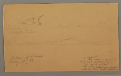 Tekening, Zeilschip, Bergachtige kust, Eilanden, 29 mei 1868