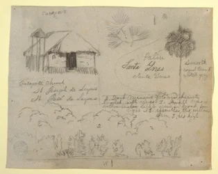 Tekening, San Jose de Lapas kerk, Carapata en botanische studies, waarschijnlijk Colombia, 1853