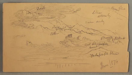 Tekening, Scherpe bergtoppen, bewolkte lucht, juni 1874