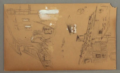 Tekening, Studies van Chalet, man met pijp, Eenden, 1868