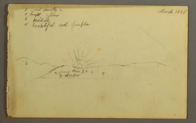 Tekening, Ondergaande zon achter lage heuvels, 1845