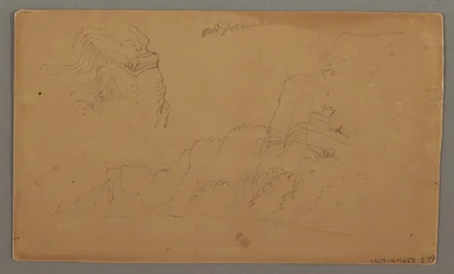 Tekening, Houten huis, twee zeilboten, dakstudies, mogelijk 1868