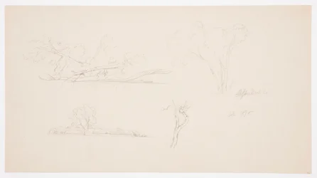 Tekening, Bomen, een oever met struiken en bomen, september 1876