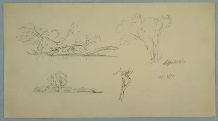 Tekening, Bomen, een oever met struiken en bomen, september 1876