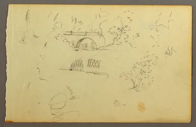 Tekening, Bomen, brug, gezichten in profiel, mogelijk 1844