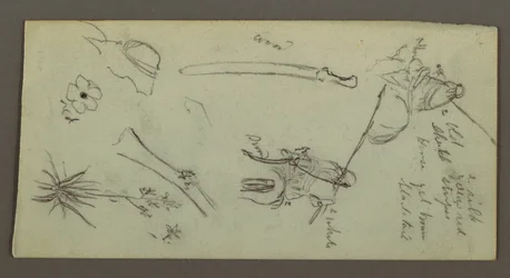 Tekening, Twee figuren rijdend op paarden, met speren, zwaard, onderste deel van een geweer, etc., mogelijk 1868