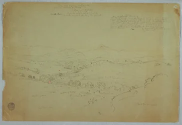 Tekening, Uitzicht bij Popayan inclusief vulkaan Mount Purese, Cauca-rivier, Colombia, 8 augustus 1853