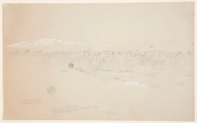 Tekening, Dorp Kuseiyeh, de berg Libanon in de verte, mei 1868