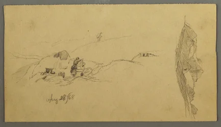 Tekening, Vrouwen wassen bij een trog, Bergen, 28 augustus 1868