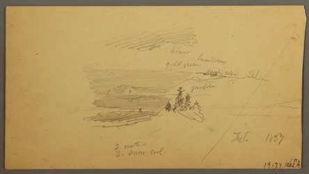 Tekening, beboste heuveltop, heuvelachtige vallei, zon, januari 1866