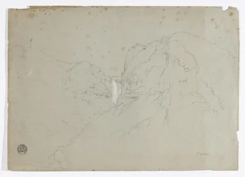 Tekening. a. Schets. Tequendama Ralls bij Bogota, Colombia. b. Uitzicht op bergketens in de verte.