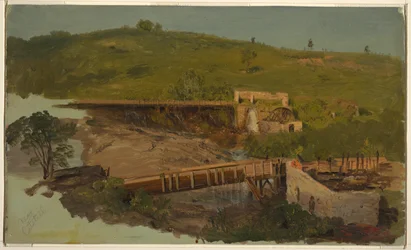 Heuvel met viaducten en verwoeste molens, nabij Catskill, New York