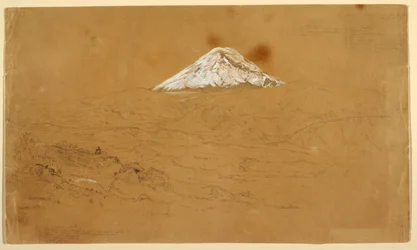 Uitzicht op de met sneeuw bedekte berg Chimborazo getekend nabij Guanojo en Guaranda, Ecuador