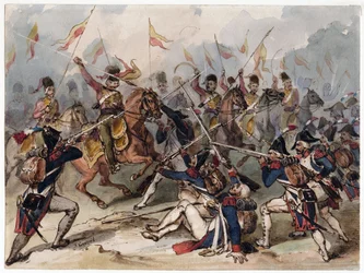 Franse infanterie en Russische huzaren in gevecht bij Austerlitz