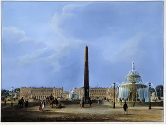 Zicht op de Luxor Obelisk en de fonteinen, Place de la Concorde - in "Paris 1832" door Martens. Uitgegeven door Weith en Hauser.